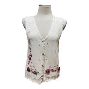 Vintage Capacity Floral Pearl Sweater Vest Off-White Petite Large